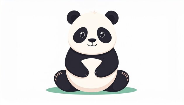 Cute cartoon vector illustration of a baby panda bear character from China holding a flower and eating bamboo in a fun wildlife nature art style