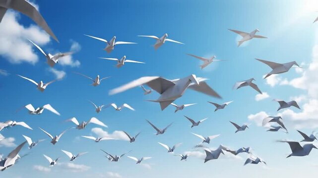 Crumpled paper balls against bright blue sky with clouds