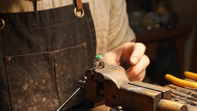Jeweler gemstone ring metal hand tool workshop craft artisan vintage closeup green workbench repair creation detailed skilled traditional precision handmade goldsmith silver jewelry design tattooed