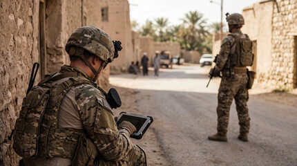 Naklejka premium Military soldier in camouflage uniform using a rugged digital tablet during a patrol in a sunlit desert village.