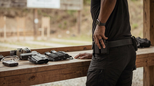 Male shooter leaning on a wooden table with tactical equipment at an outdoor gun range, preparing for practice.