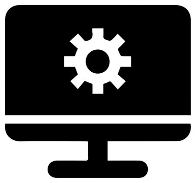 Solid black filled icon of command and control c2 computer monitor with gear on screen for technology and business concepts
