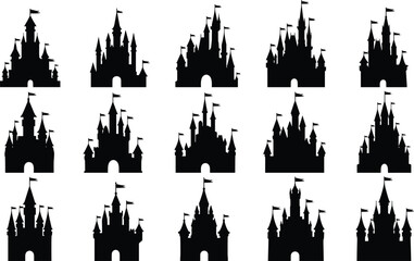 Fototapeta premium fairytale castle silhouette set, fantasy medieval palace towers collection, princess kingdom black vector isolated architecture illustration pack