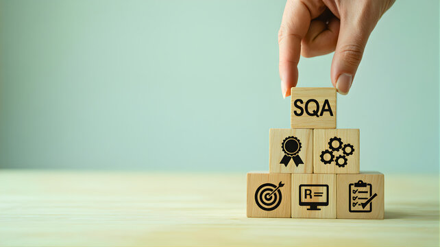 Building a foundation for quality assurance (SQA) in business, illustrating strategic planning, process management, and achievement through careful execution