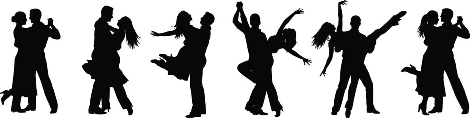 dancing couple silhouette set, romantic ballroom dance partners poses collection, man and woman black vector isolated illustration
