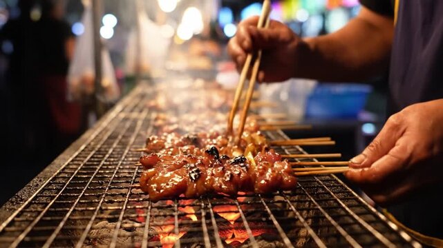 Grilled meat skewer street food barbecue flame hand chopstick night market Asian cuisine delicious smoky aroma vibrant atmosphere outdoor cooking vendor traditional tasty savory closeup juicy grilled