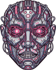 Detailed Futuristic Cyborg Face with Glowing Red Eyes.