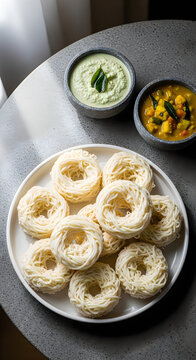 A plate of steamed rice string hoppers served with coconut chutney and vegetable curry bowls