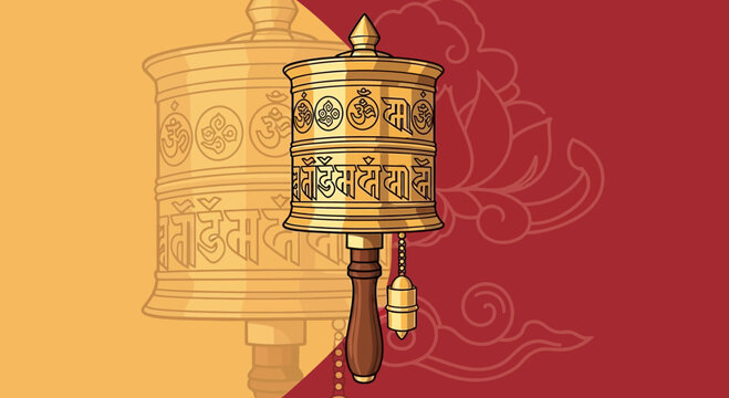 Golden Tibetan Prayer Wheel with Om Mani Padme Hum mantra, lotus and clouds