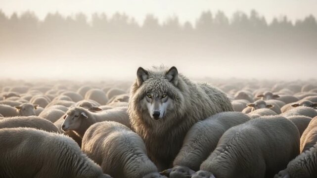 Wolf Hidden Among Sheep Symbolizing Deception and Hidden Danger