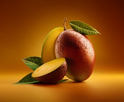 A ripe whole mango and a sliced piece sit near green leaves against a warm, glowing orange background. The scene highlights the juicy texture and vibrant colors.