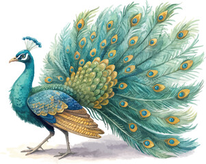 Fototapeta premium Hand-Painted Peacock Watercolor, Elegant Tropical Bird Clipart, Isolated Vector Illustration