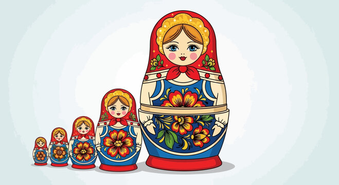 Traditional Russian Matryoshka Dolls in a Row, Colorful Folk Art