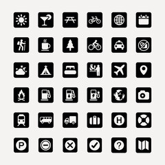 Collection of 40 black and white icons. Icons include travel, transportation, and leisure symbols. Simple, clear icons for easy navigation and use. User interface icon vector set.