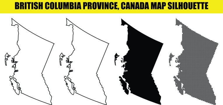 British columbia province canada map silhouette collection with distinct variations including stroke weight and dot matrix