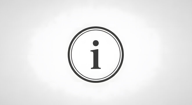 A minimalist black information icon inside a double circle on a neutral grey background used for guidance and support