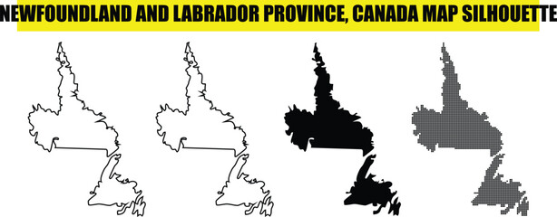 Newfoundland and labrador province canada map silhouette in four styles including outline solid black and halftone patterns © Md Asif Shahnaoaz