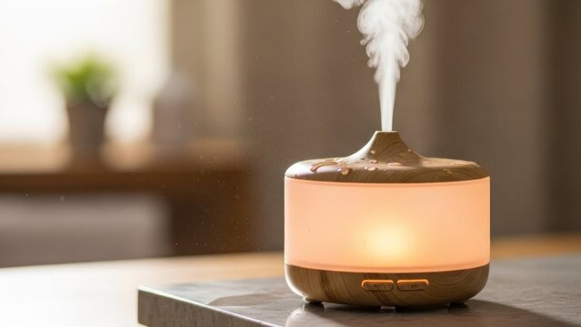A brown essential oil diffuser emitting a gentle mist on a table