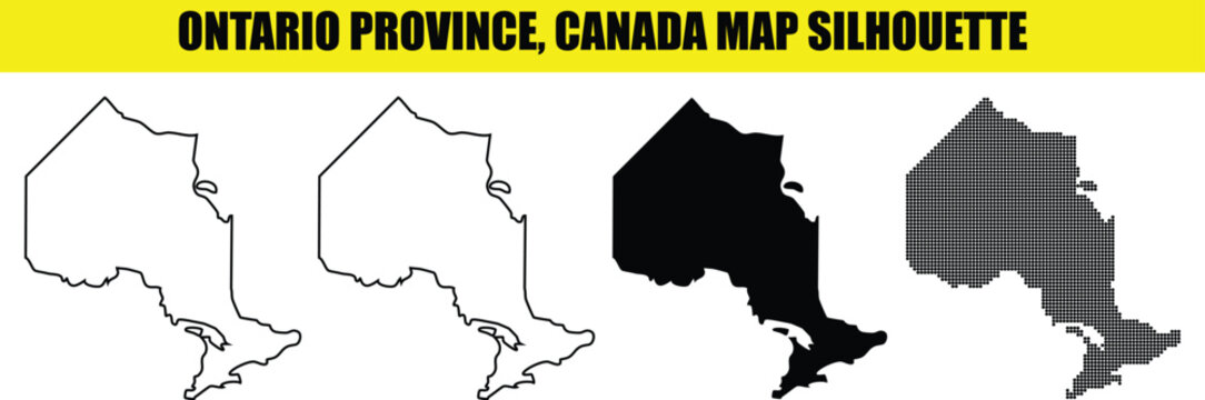 Ontario province canada map silhouette featuring different artistic versions such as thin stroke filled and pixelated dots