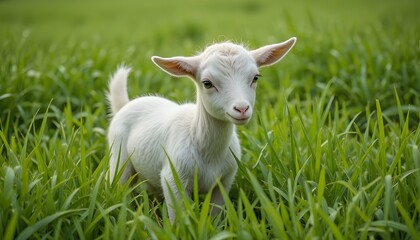 Obraz premium Small white baby Qurbani goat in green grass