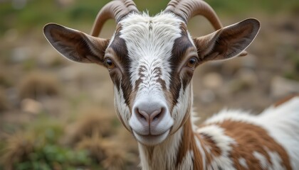 Fototapeta premium Spotted white and brown Qurbani goat close portrait.