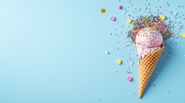 A cheerful ice cream cone dripping with sprinkles against a gradient blue background, summer fun theme, copy space available,