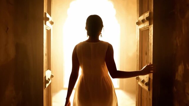 Woman in Dress Standing in Doorway with Sunlight Silhouette, Back View, Ancient Architecture, Warm Glow, Mystery, Shadow, Corridor, Anticipation, Solitude, Exploration, Adventure, Inspiration