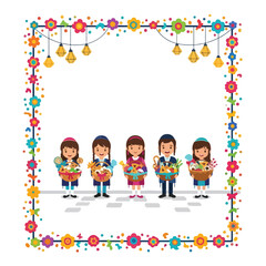 Fototapeta premium Diverse group of people holding flowers. Colorful frame with flowers and lights. Vector illustration for greeting card or celebration. People with bouquets. Festive background. Flower