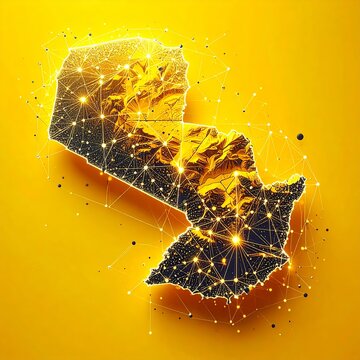 outline map of paraguay glows with a network of connected lights against a bright yellow background. The golden texture and sparkling nodes suggest energy.