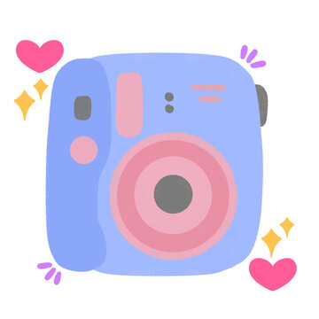 Polaroid camera icon. Cartoon style illustration. Blue and pink colors. Heart and sparkles decorations. Vector graphic. White background. Instant photo camera. Fun symbol. Social media