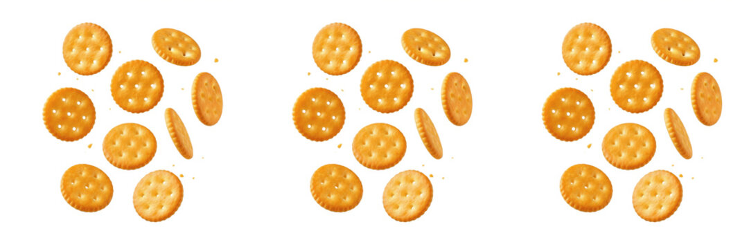 Set of crispy round crackers falling and flying with crumbs isolated on transparent png background oil paint