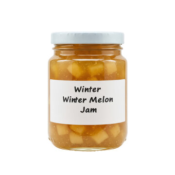 Jar of winter melon jam with white lid and label detail isolated on white background