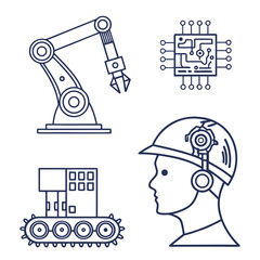Industrial including a robotic arm and factory machine human head with headset circuit board