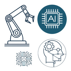 Blue and white robotic and artificial intelligence robotic arm ai chip circuit board human head with gear