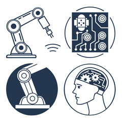 Dark blue and white robotic and artificial intelligence robotic arm circuit board with robot