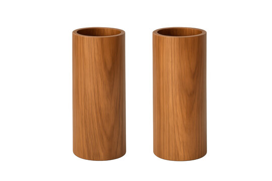 Two wooden cylinders with wood grain texture on transparent background