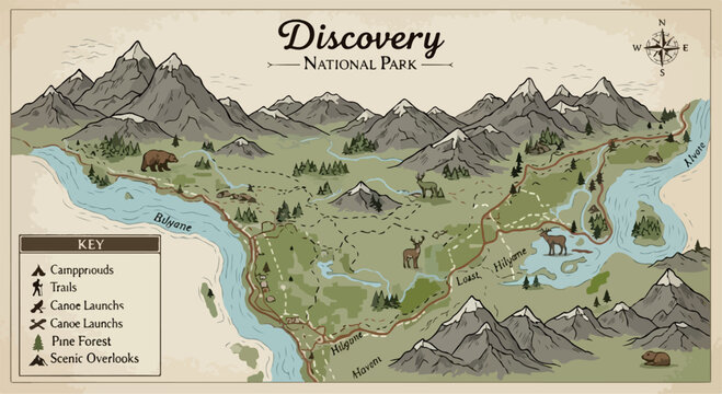 Vintage Style Discovery National Park Map Illustration with Mountains and Rivers