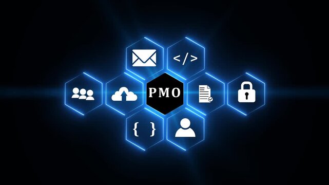 Project Management Office PMO concept with glowing neon icons on dark background organization structure.4k video