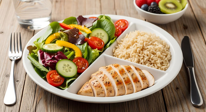 A balanced meal with grilled chicken, salad, and brown rice on a divided plate.
