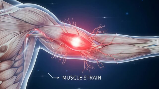 Arm muscle pain animation showing the biceps brachii and other muscles highlighted with red glow indicating injury for medical and educational purposes