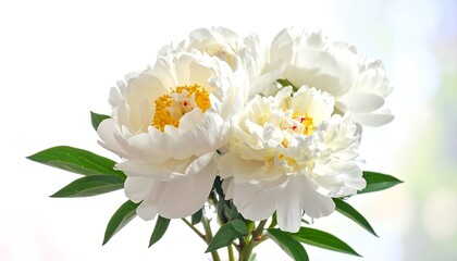Obraz premium A close-up view presents a bundle of fully bloomed, pristine white flowers, showcasing delicate petals with pops of yellow and green foliage against a soft, blurred background