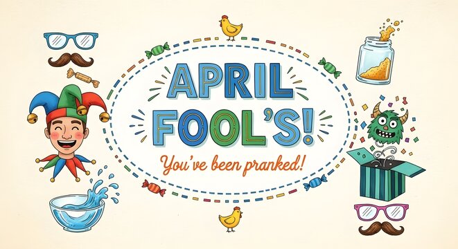 Colorful april fools day illustration with cartoon characters and prank elements on beige background