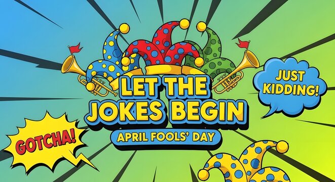 Colorful april fools day poster with comedic elements and speech bubbles on green and blue background