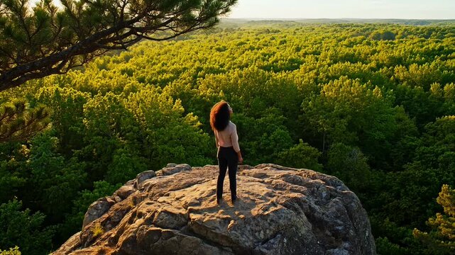 A solo adventurer with voluminous dark curly hair confidently stands atop a majestic rock formation, exuding a profound sense of resilience and inner strength, experiencing a peaceful moment of person