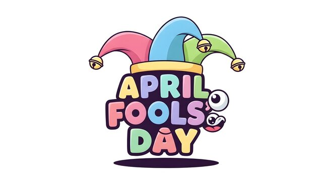 Colorful illustration of april fools day with jester hat and text on white background