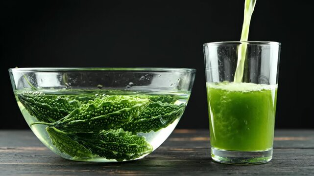 Fresh Bitter Gourd Juice Pouring into Glass with Bitter Melon in Water Bowl, Natural Ayurvedic Remedy for Diabetes and Healthy Lifestyle