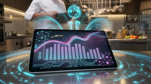 Futuristic tablet displaying digital data and graphs in a modern kitchen with chefs working