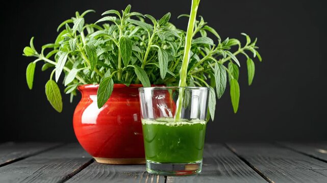 Healthy Fresh Green Herb Juice Pouring in Glass with Potted Organic Plant on Dark Wooden Surface, Concept of Natural Wellness and Detox Drink