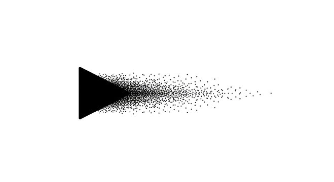 A black triangle emits a trail of small particles in a minimalist vector graphic design on a white background