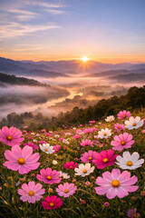 Obraz premium Mountain view with flowers(sun set)